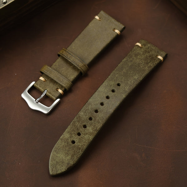 Men's Genuine Calf Leather Watch Strap - 20mm 22mm Width, Black Vintage Expandable Buckle