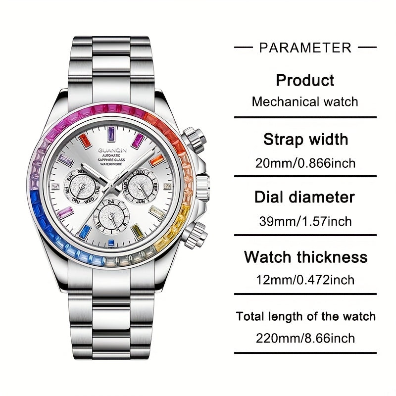 GUANQIN Men'S Luxury Mechanical Watch - Stainless Steel Dial & Band with Luminous Hands, 24H Display