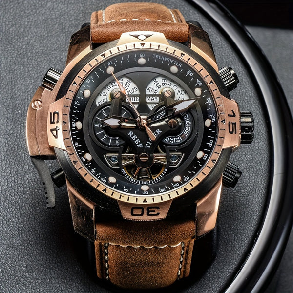 REEF TIGER Sport Automatic Watch - Big Dial Skeleton, Water Resistant, Stainless Steel, Date and Calendar