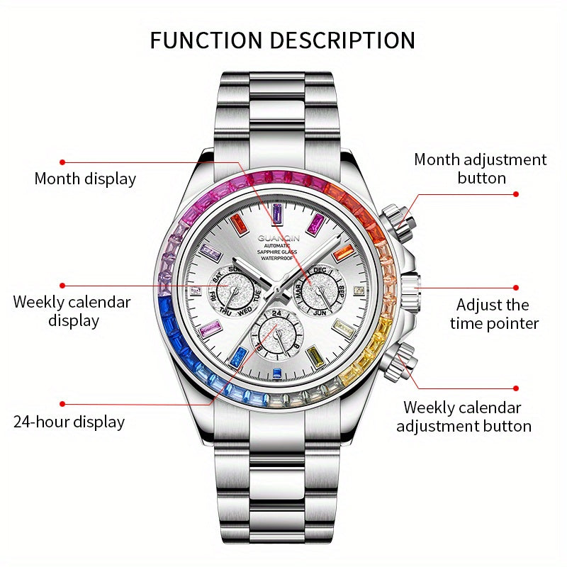 GUANQIN Men'S Luxury Mechanical Watch - Stainless Steel Dial & Band with Luminous Hands, 24H Display