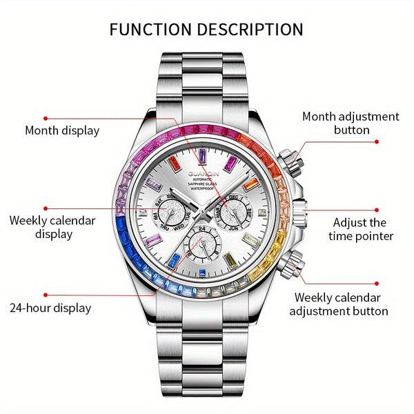 GUANQIN Men'S Luxury Mechanical Watch - Stainless Steel Dial & Band with Luminous Hands, 24H Display