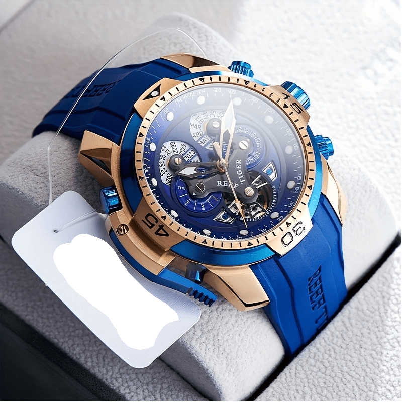 REEF TIGER Sport Automatic Watch - Big Dial Skeleton, Water Resistant, Stainless Steel, Date and Calendar