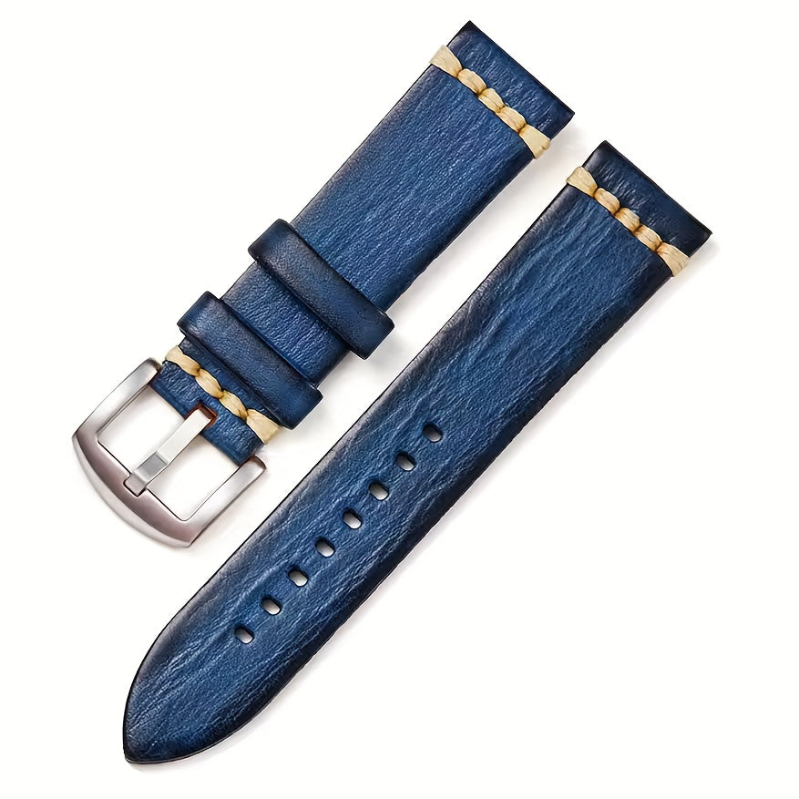 Men'S Vintage Style Genuine Leather Watch Strap, 20mm 22mm, Hand-Stitched Business Wristband with Metal Clasp