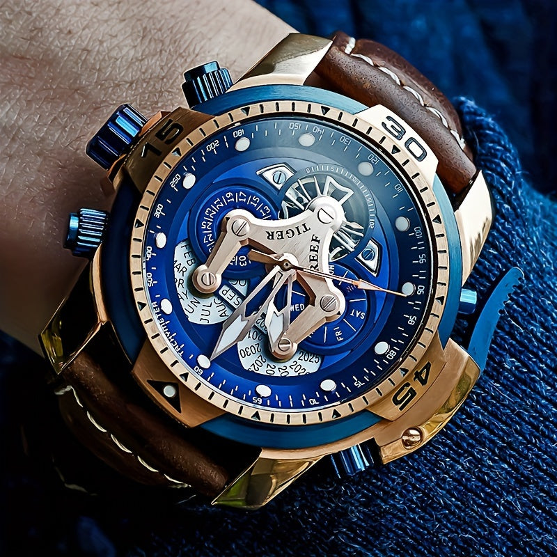 REEF TIGER Sport Automatic Watch - Big Dial Skeleton, Water Resistant, Stainless Steel, Date and Calendar
