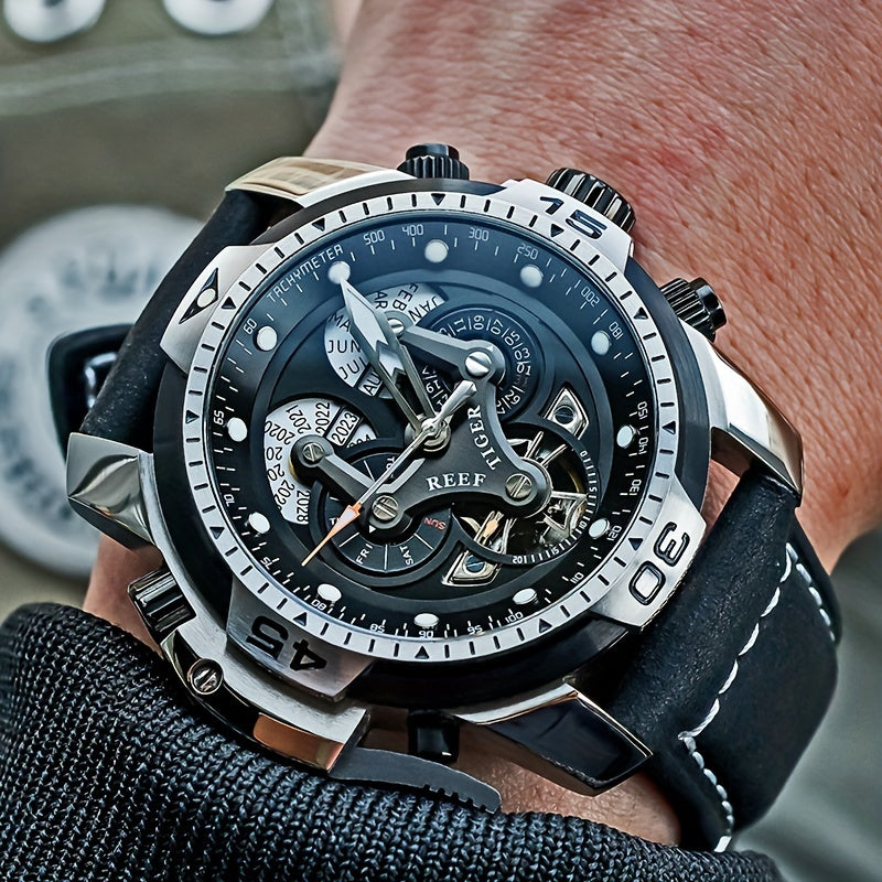 REEF TIGER Sport Automatic Watch - Big Dial Skeleton, Water Resistant, Stainless Steel, Date and Calendar