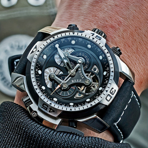 REEF TIGER Sport Automatic Watch - Big Dial Skeleton, Water Resistant, Stainless Steel, Date and Calendar