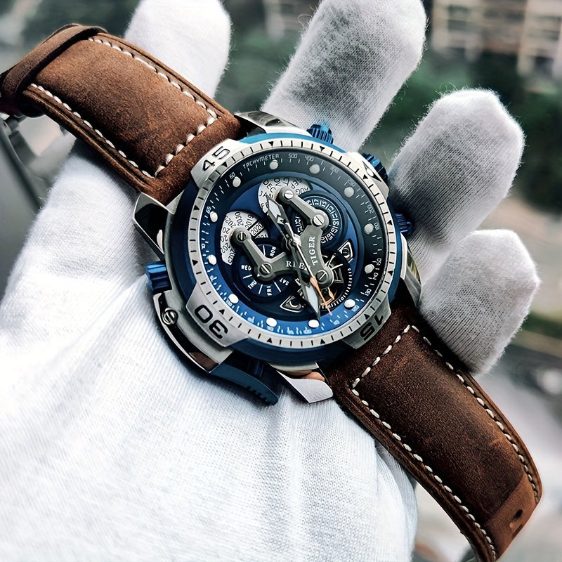 REEF TIGER Sport Automatic Watch - Big Dial Skeleton, Water Resistant, Stainless Steel, Date and Calendar