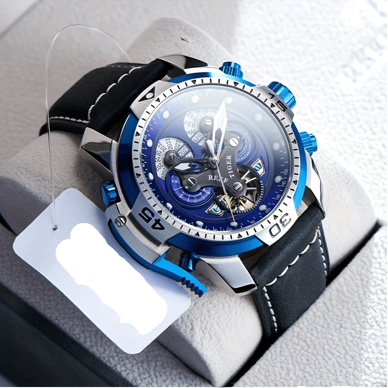 REEF TIGER Sport Automatic Watch - Big Dial Skeleton, Water Resistant, Stainless Steel, Date and Calendar