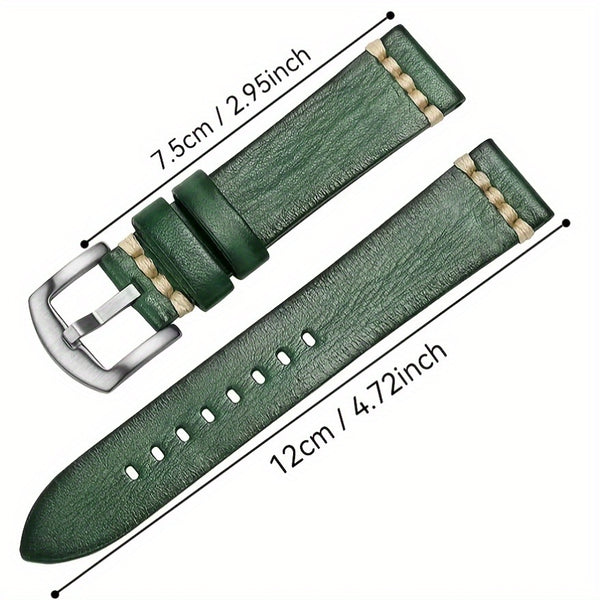 Men'S Vintage Style Genuine Leather Watch Strap, 20mm 22mm, Hand-Stitched Business Wristband with Metal Clasp