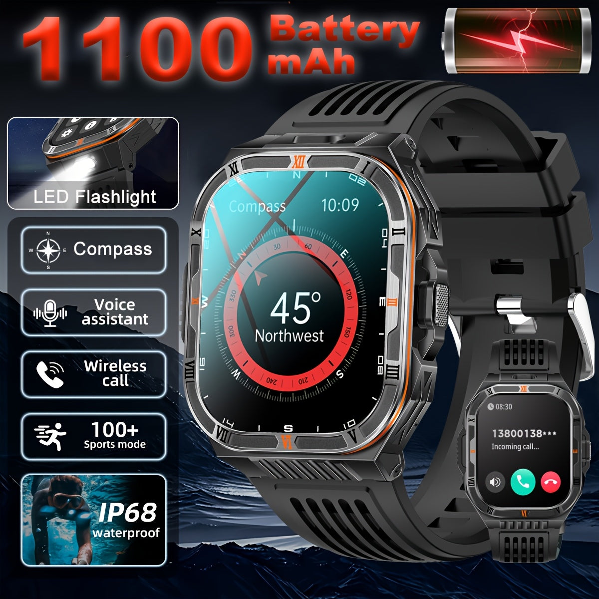 COIUSOR Men's Smart Watch with 1100mAh Battery, -Free Calling, Waterproof, 100+ Sports Modes