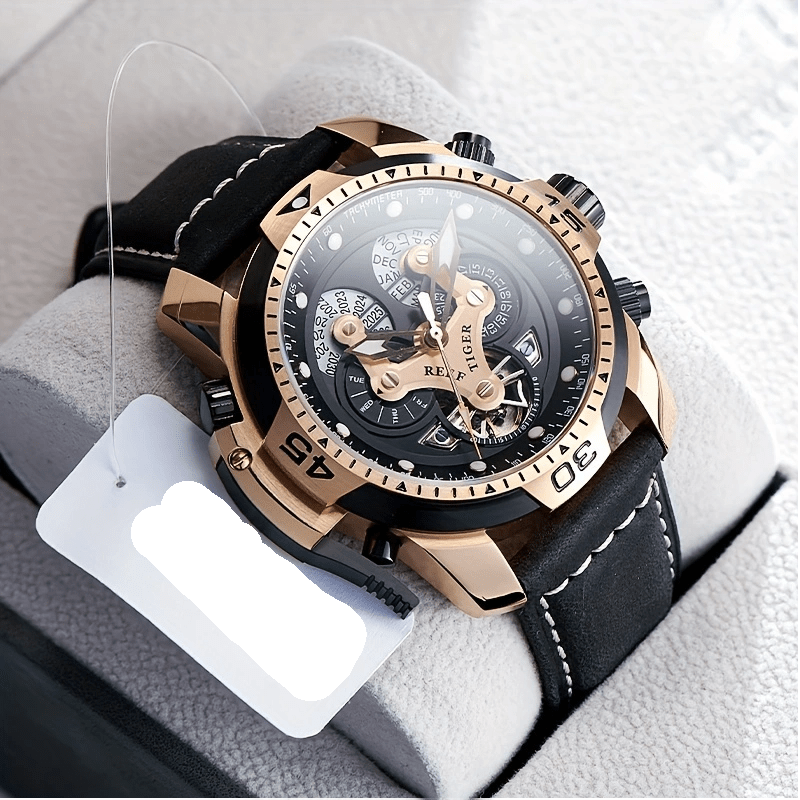 REEF TIGER Sport Automatic Watch - Big Dial Skeleton, Water Resistant, Stainless Steel, Date and Calendar
