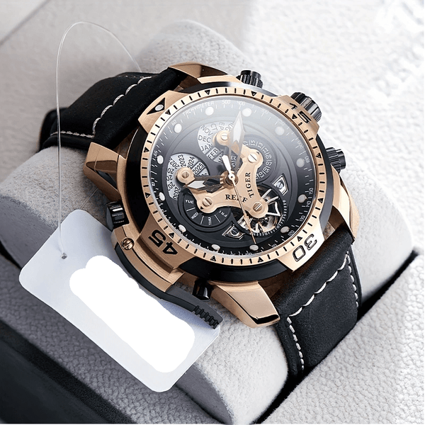 REEF TIGER Sport Automatic Watch - Big Dial Skeleton, Water Resistant, Stainless Steel, Date and Calendar