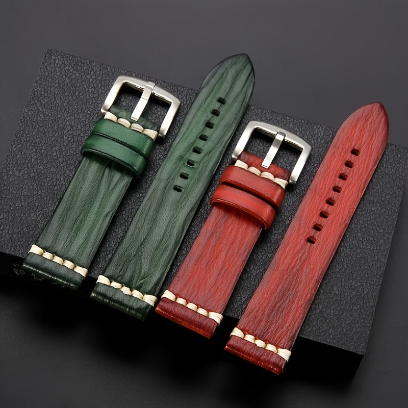 Men'S Vintage Style Genuine Leather Watch Strap, 20mm 22mm, Hand-Stitched Business Wristband with Metal Clasp