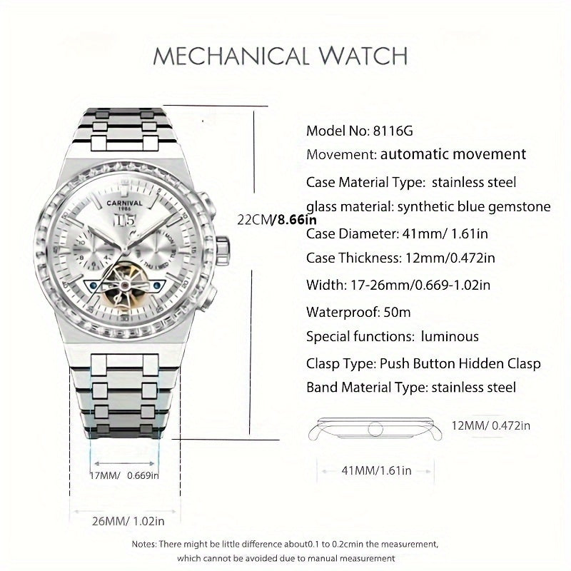 Carnival Men's Watch With HE Key Diving Watch Multi-function Men's Mechanical Watch Waterproof Wristwatch Holiday Gift