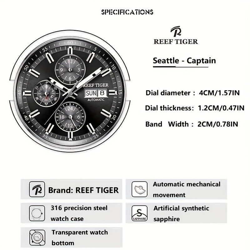 Reef Tiger Watch Men'S Mechanical Watch Automatic Multi-function Double Calendar Business