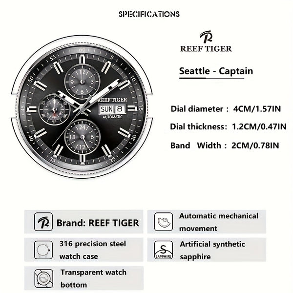 Reef Tiger Watch Men'S Mechanical Watch Automatic Multi-function Double Calendar Business