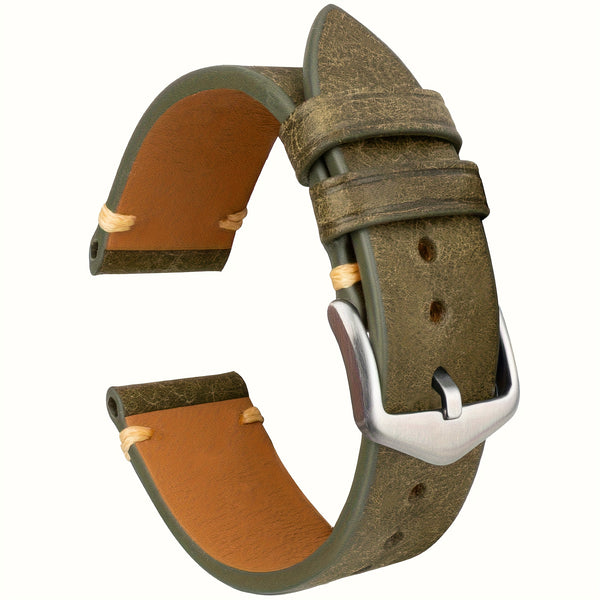 Men's Genuine Calf Leather Watch Strap - 20mm 22mm Width, Black Vintage Expandable Buckle