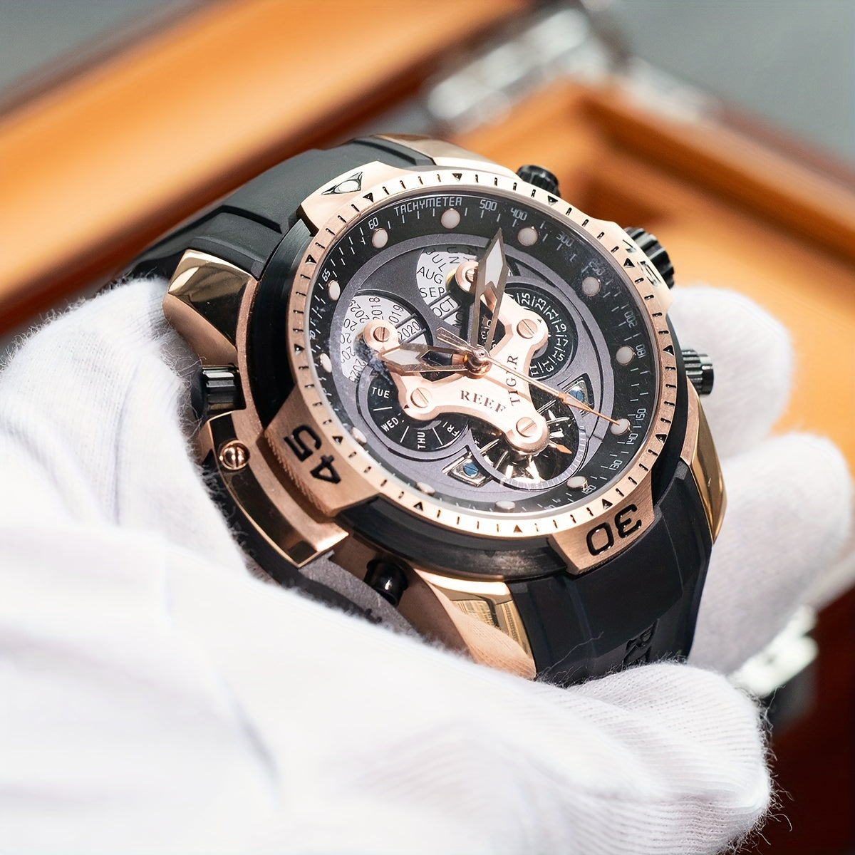 REEF TIGER Sport Automatic Watch - Big Dial Skeleton, Water Resistant, Stainless Steel, Date and Calendar