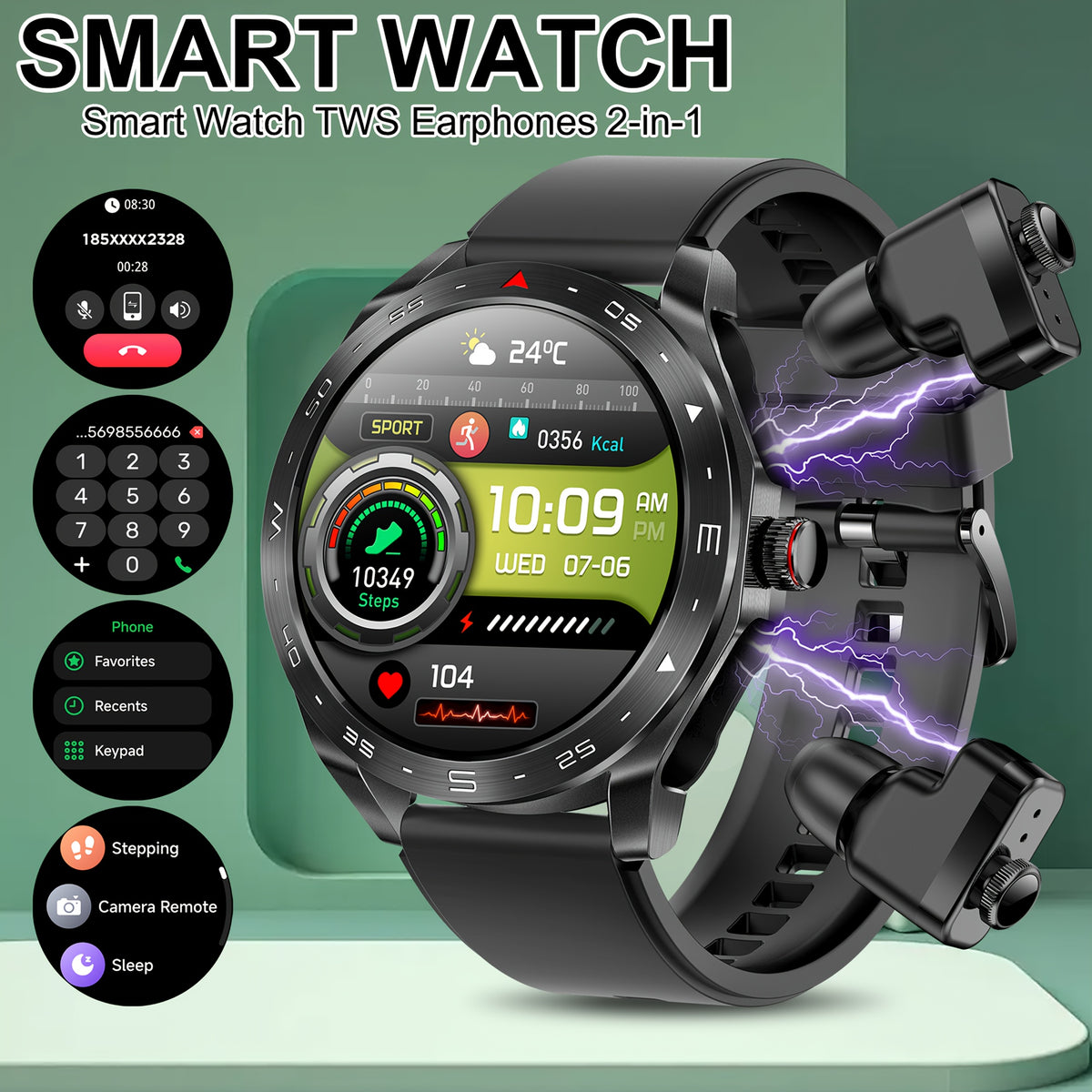 2025 new Men's smart watch, built-in TWS wireless headset, supports wireless calls, message push