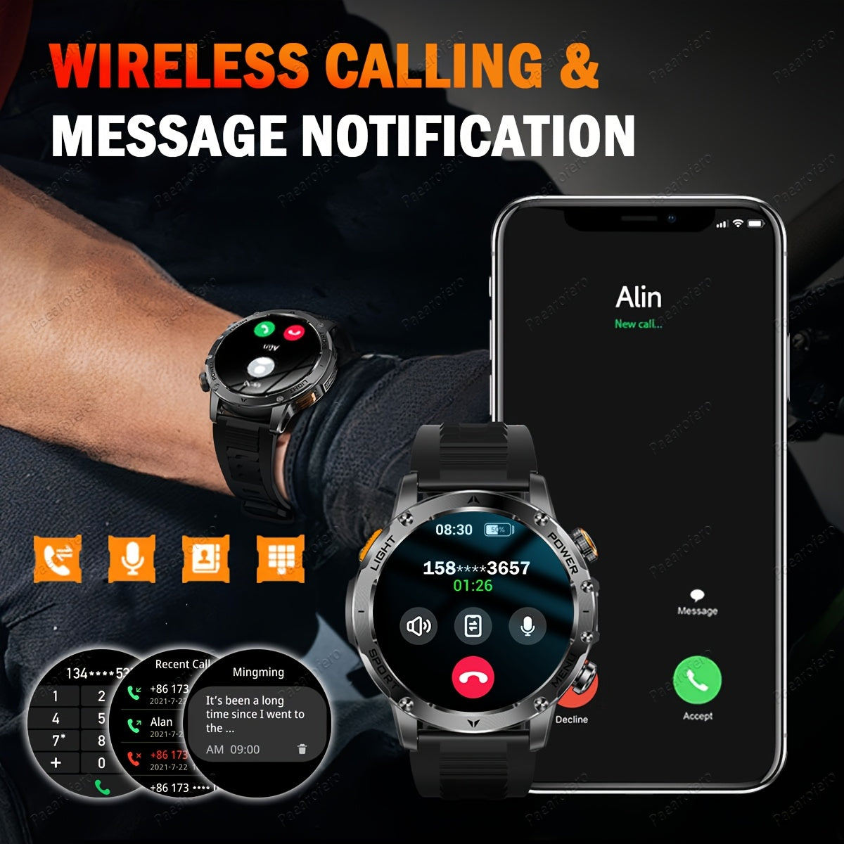 Paearofero 1000mAh Large Battery Outdoor Smartwatch, LED Flashlight, Wireless Calling, Voice Assistant