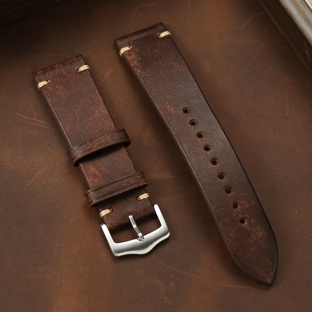 Men's Genuine Calf Leather Watch Strap - 20mm 22mm Width, Black Vintage Expandable Buckle