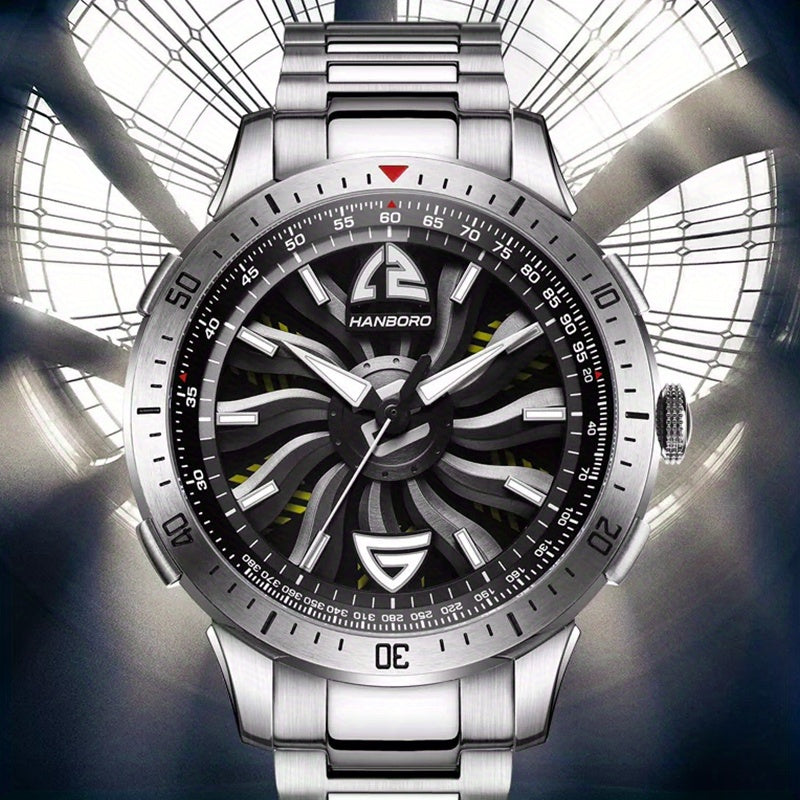 1pc Youth Men's Silvery Black Steel Belt Avant-garde Ruffian Car Turntable Scale Automatic Mechanical Watch