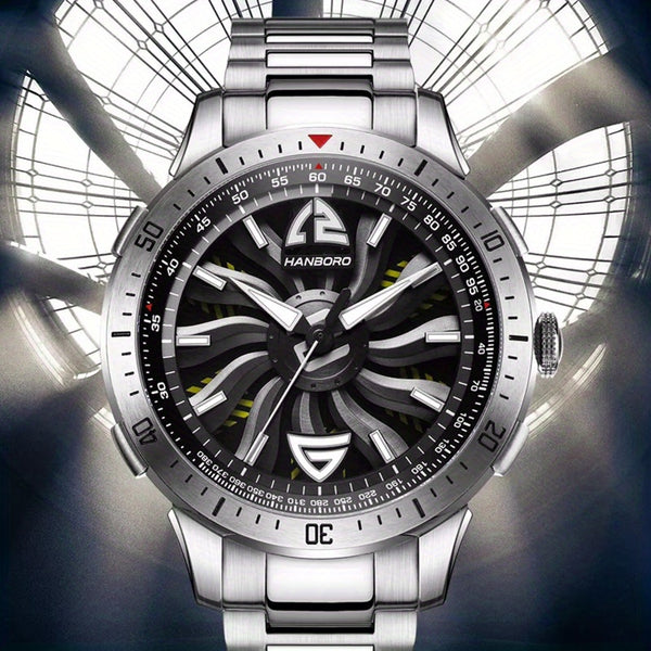 1pc Youth Men's Silvery Black Steel Belt Avant-garde Ruffian Car Turntable Scale Automatic Mechanical Watch