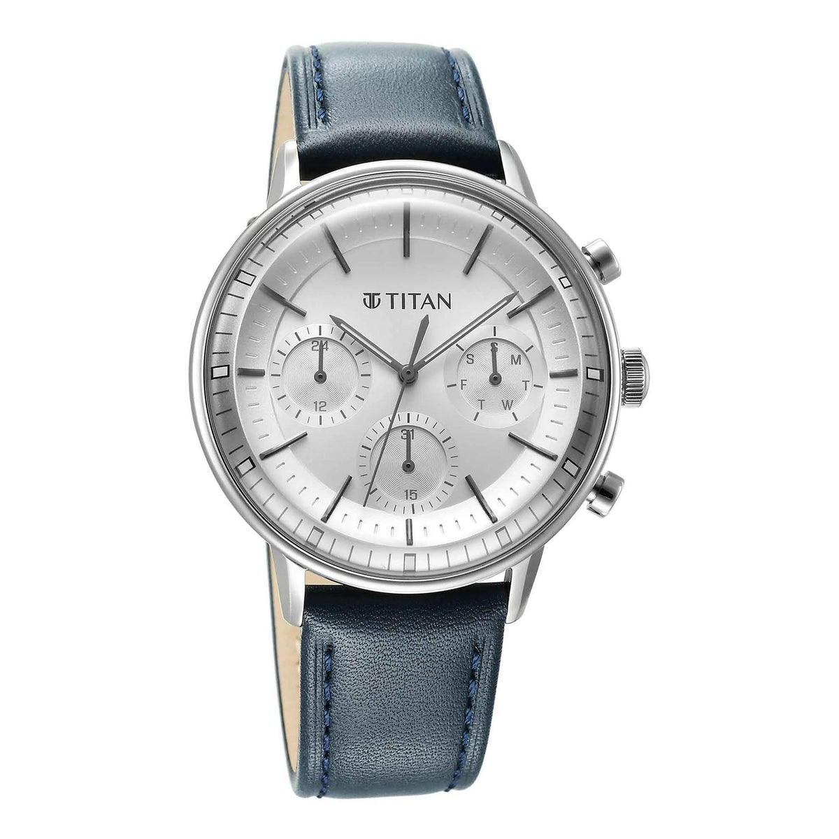 Titan Light Leathers Quartz Multifunction Black Dial Stainless Steel Strap Watch for Men – 42mm