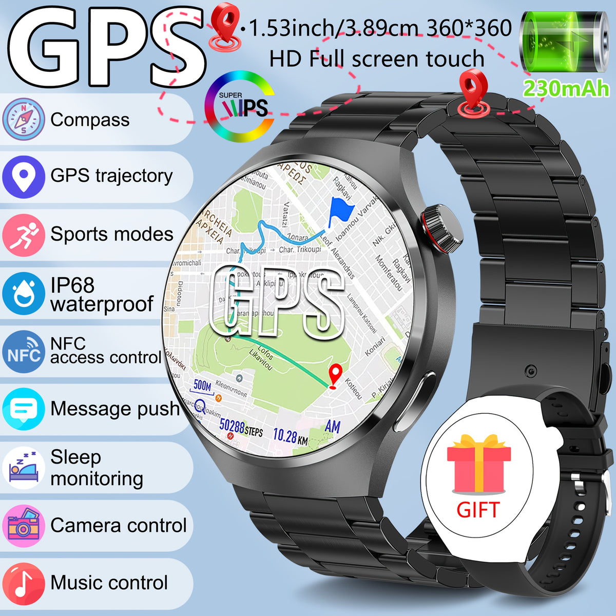 2025 New GPS Sports Smartwatch, 1, 53-inch Full Touch Screen, IP68 Swimming Watch with Built-in GPS Tracking