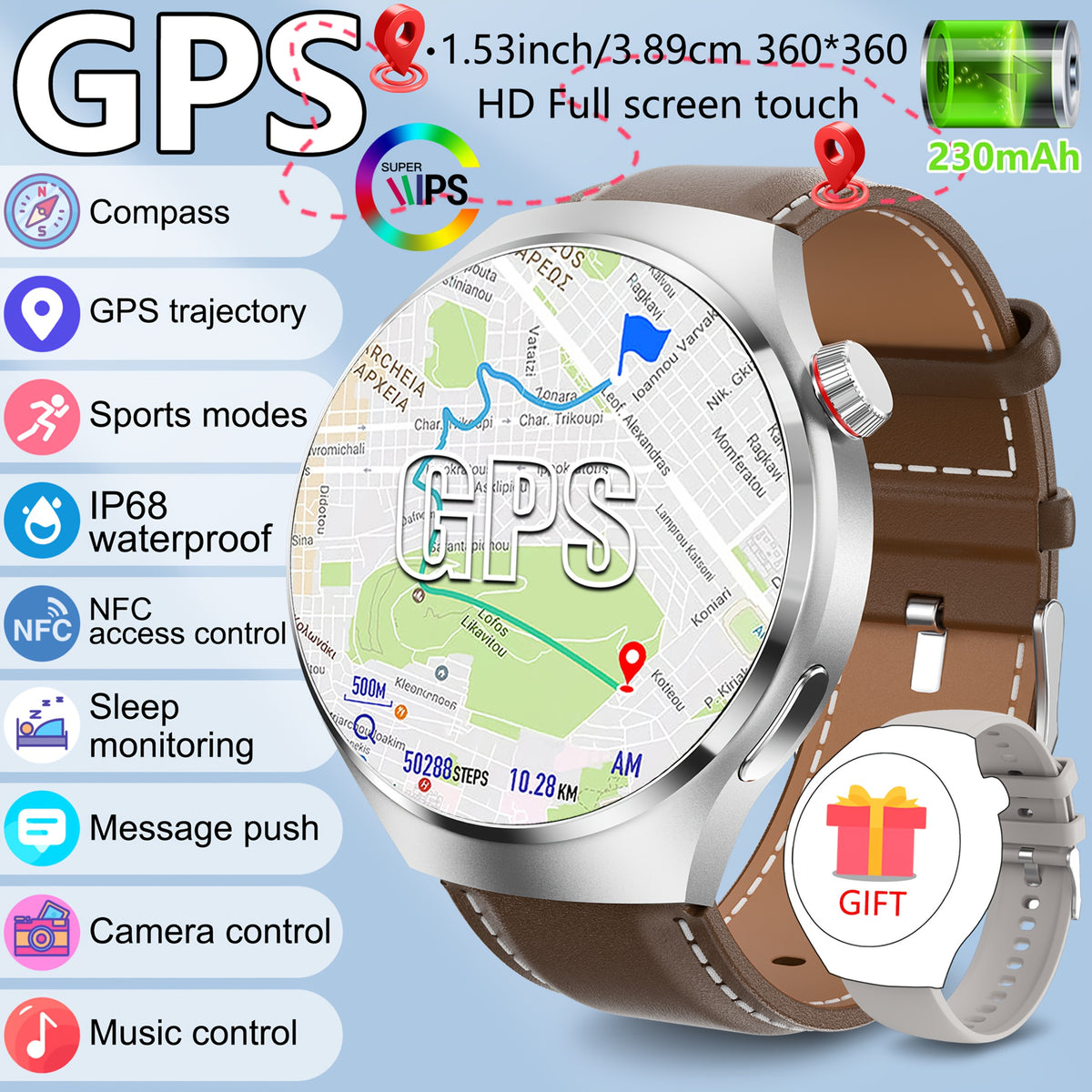 2025 New GPS Sports Smartwatch, 1, 53-inch Full Touch Screen, IP68 Swimming Watch with Built-in GPS Tracking