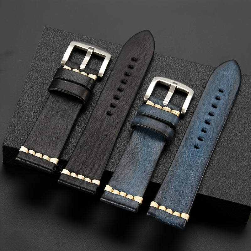 Men'S Vintage Style Genuine Leather Watch Strap, 20mm 22mm, Hand-Stitched Business Wristband with Metal Clasp