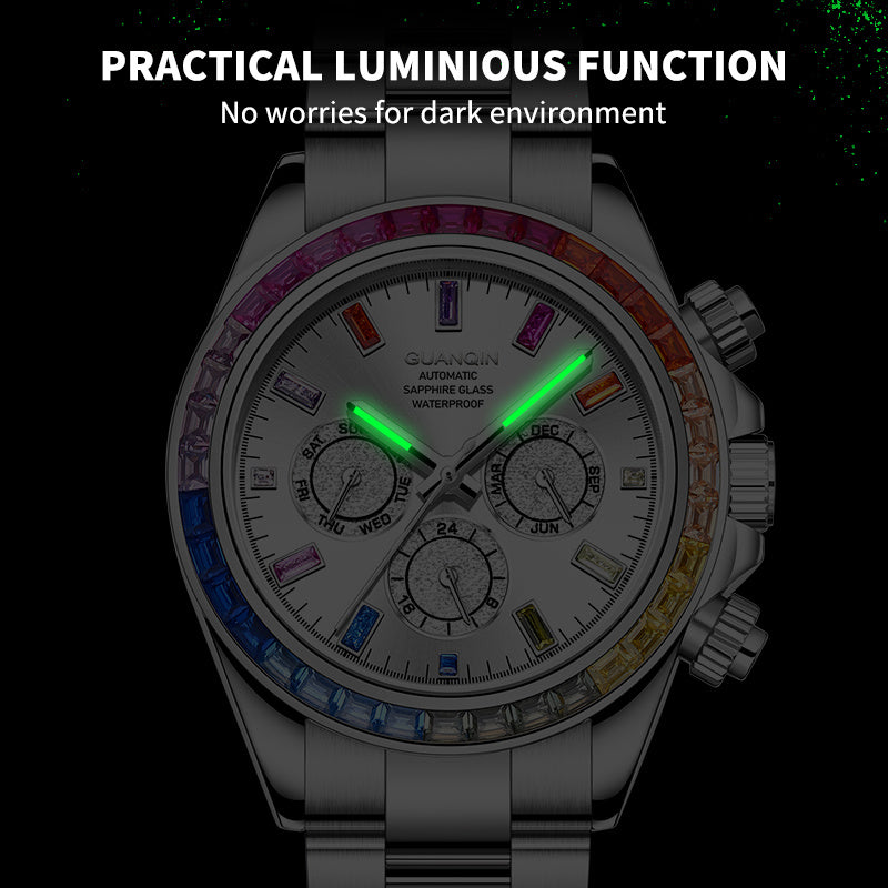 GUANQIN Men'S Luxury Mechanical Watch - Stainless Steel Dial & Band with Luminous Hands, 24H Display