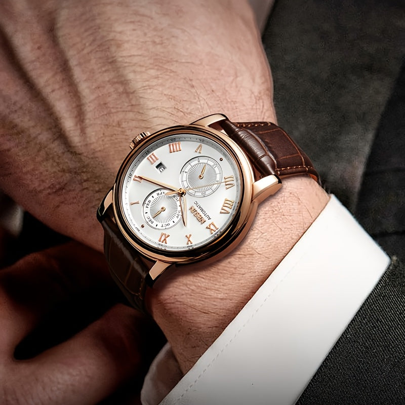 NESUN Men'S Automatic Mechanical Watch - Business Style, Stainless Steel Case, Hollow Dial