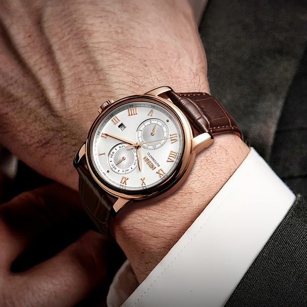 NESUN Men'S Automatic Mechanical Watch - Business Style, Stainless Steel Case, Hollow Dial