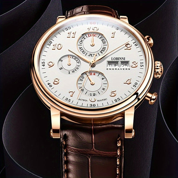 LOBINNI Brand Men'S Skeleton Mechanical Watches, Casual Men'S Gentlemanly Style Wristwatches