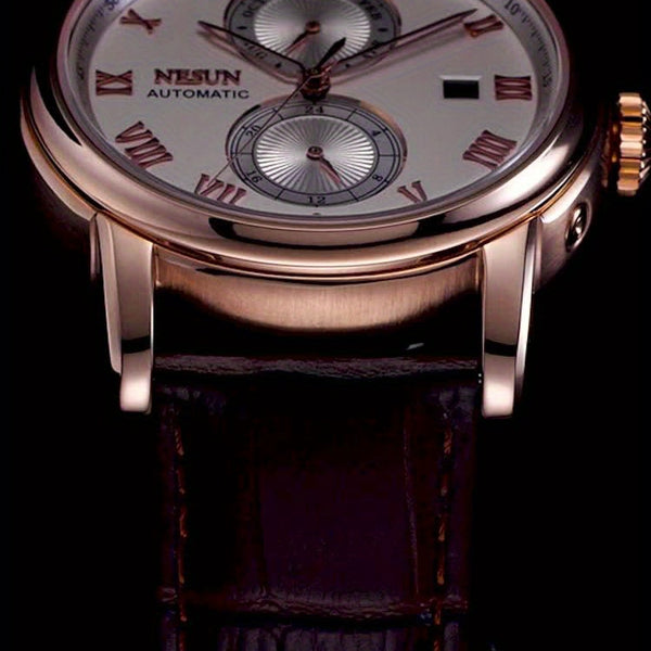 NESUN Men'S Automatic Mechanical Watch - Business Style, Stainless Steel Case, Hollow Dial