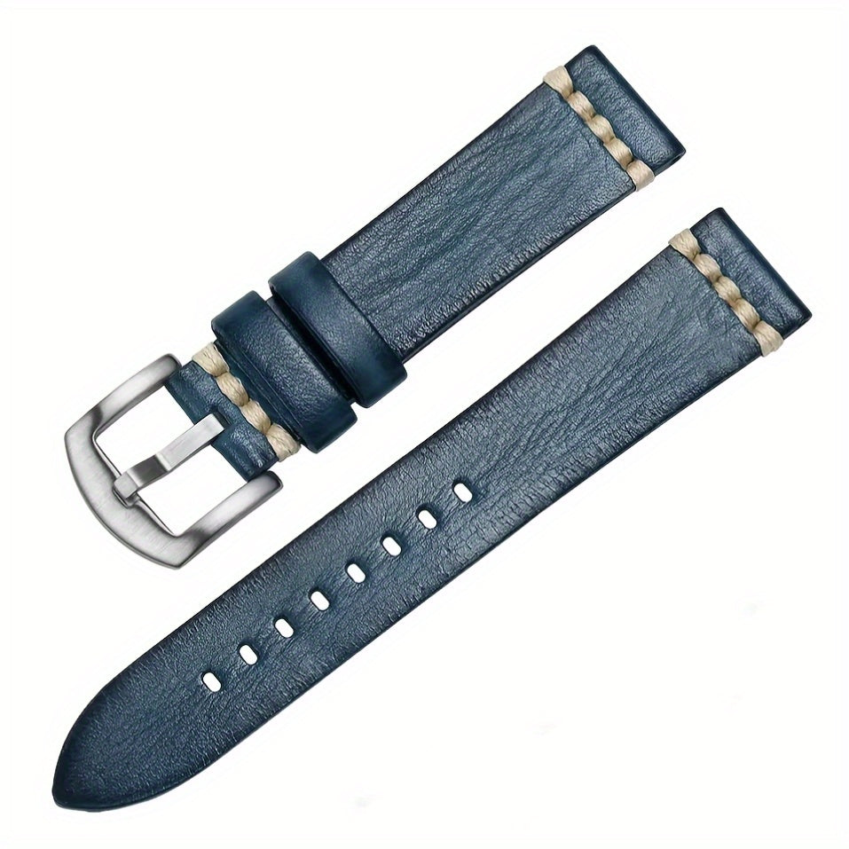 Men'S Vintage Style Genuine Leather Watch Strap, 20mm 22mm, Hand-Stitched Business Wristband with Metal Clasp