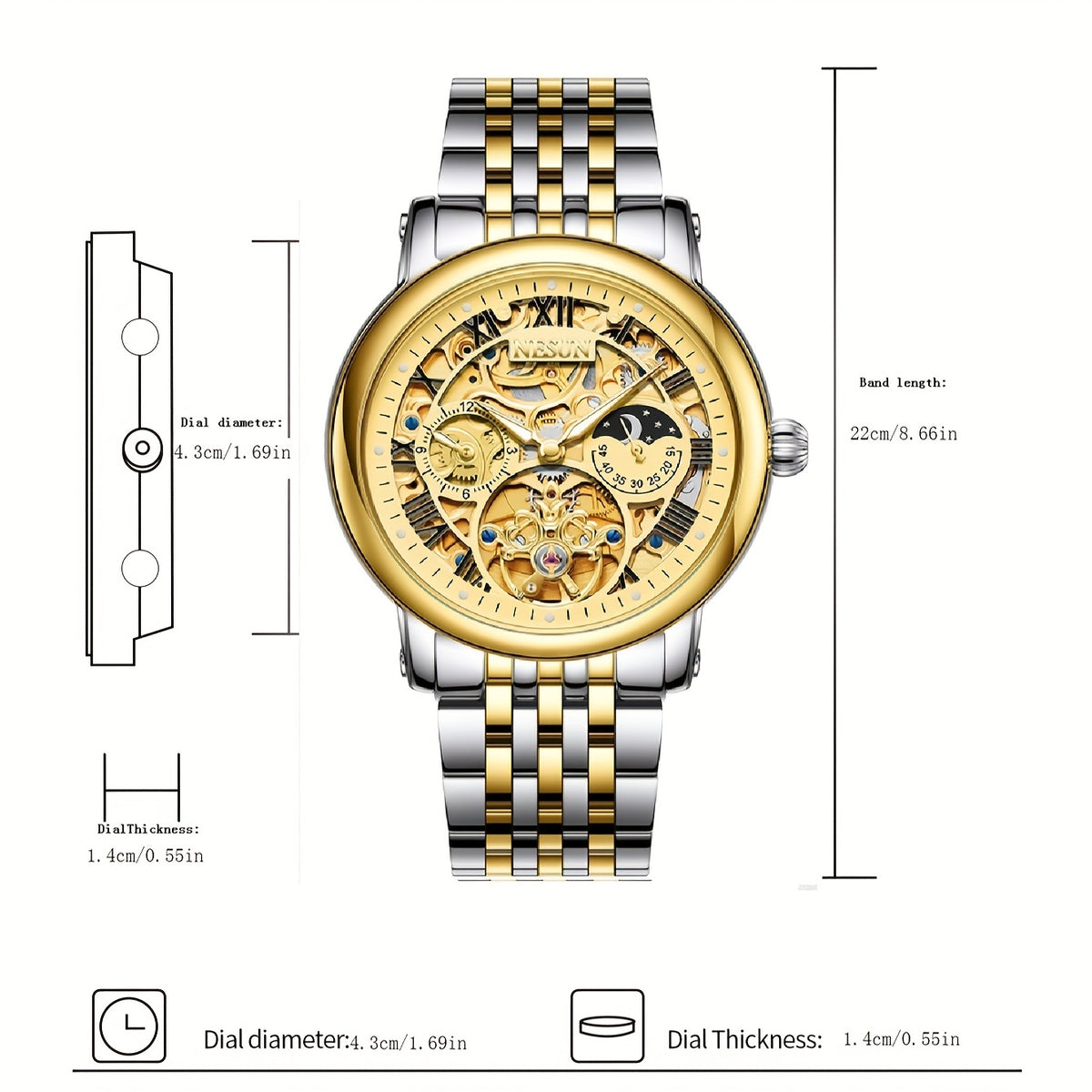 NESUN Automatic Mechanical Men's Watch - Multifunctional Luminous Stainless Steel Classic Business Watch