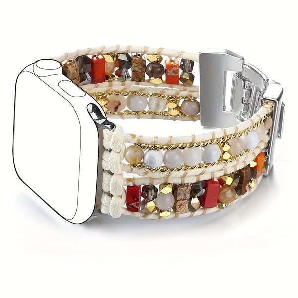 1pc Bohemian Style Natural Stone Beaded Apple Watch Strap, Unisex Bracelet with Dual Chain Options Available