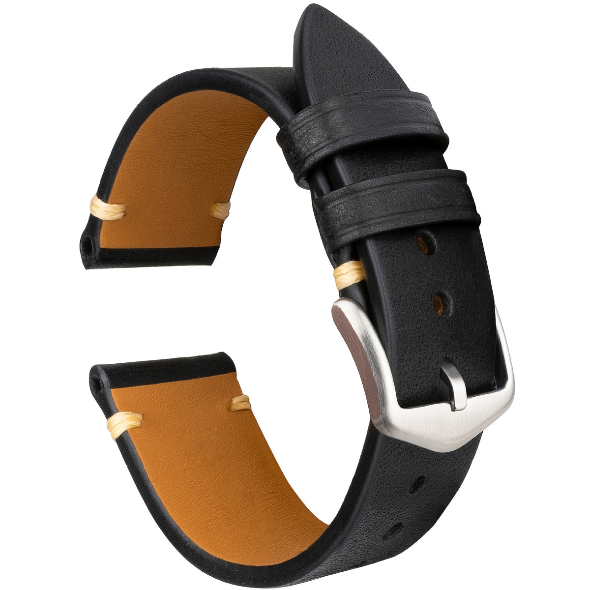 Men's Genuine Calf Leather Watch Strap - 20mm 22mm Width, Black Vintage Expandable Buckle