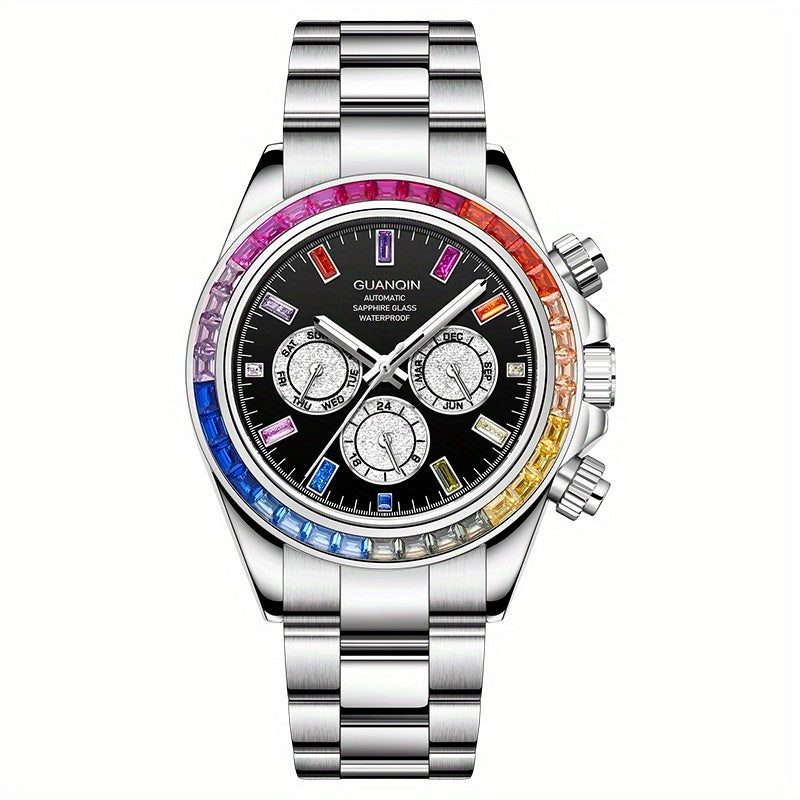 GUANQIN Men'S Luxury Mechanical Watch - Stainless Steel Dial & Band with Luminous Hands, 24H Display