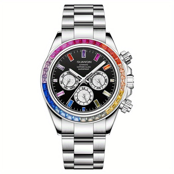 GUANQIN Men'S Luxury Mechanical Watch - Stainless Steel Dial & Band with Luminous Hands, 24H Display