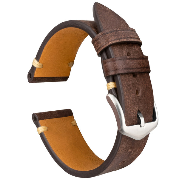 Men's Genuine Calf Leather Watch Strap - 20mm 22mm Width, Black Vintage Expandable Buckle