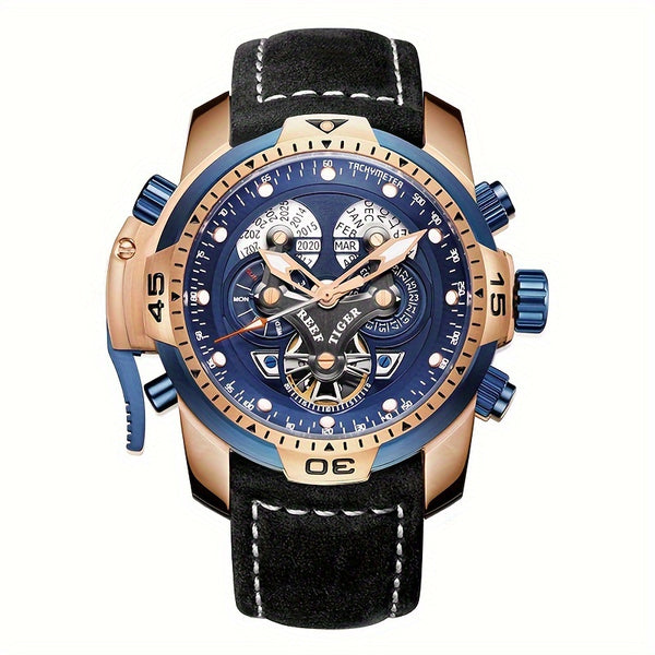 REEF TIGER Sport Automatic Watch - Big Dial Skeleton, Water Resistant, Stainless Steel, Date and Calendar