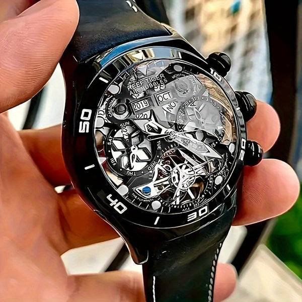 reef tiger Brand Men's Automatic Mechanical Watch Business Men's Watch Fashion Men's Sports Watch Silvery Case Black Face