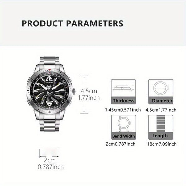 1pc Youth Men's Silvery Black Steel Belt Avant-garde Ruffian Car Turntable Scale Automatic Mechanical Watch