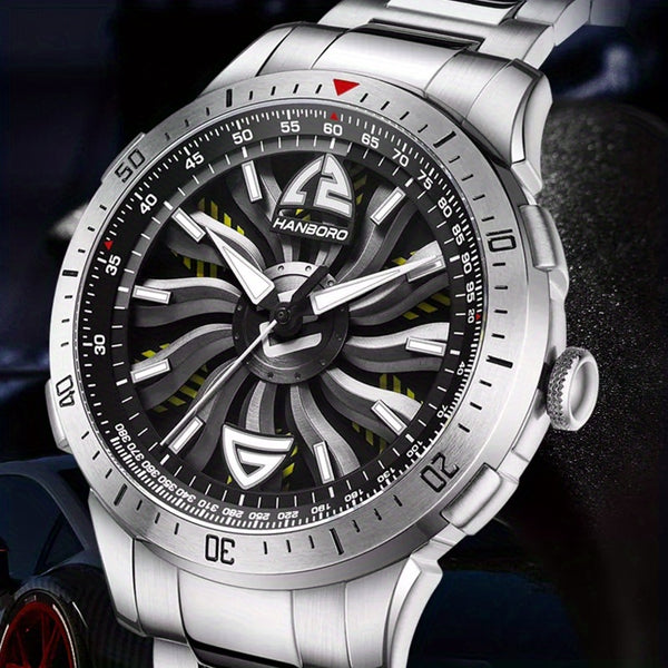 1pc Youth Men's Silvery Black Steel Belt Avant-garde Ruffian Car Turntable Scale Automatic Mechanical Watch