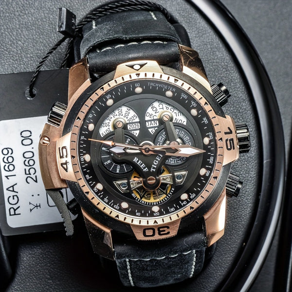 REEF TIGER Sport Automatic Watch - Big Dial Skeleton, Water Resistant, Stainless Steel, Date and Calendar