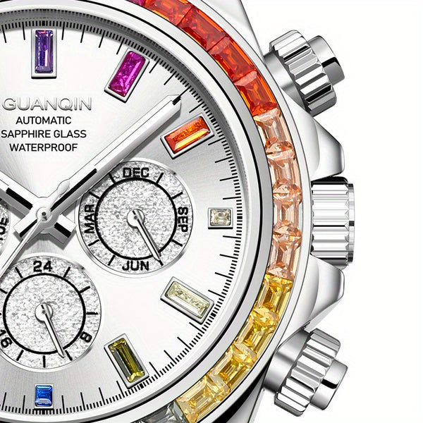 GUANQIN Men'S Luxury Mechanical Watch - Stainless Steel Dial & Band with Luminous Hands, 24H Display