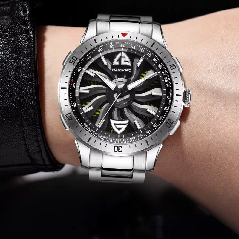 1pc Youth Men's Silvery Black Steel Belt Avant-garde Ruffian Car Turntable Scale Automatic Mechanical Watch